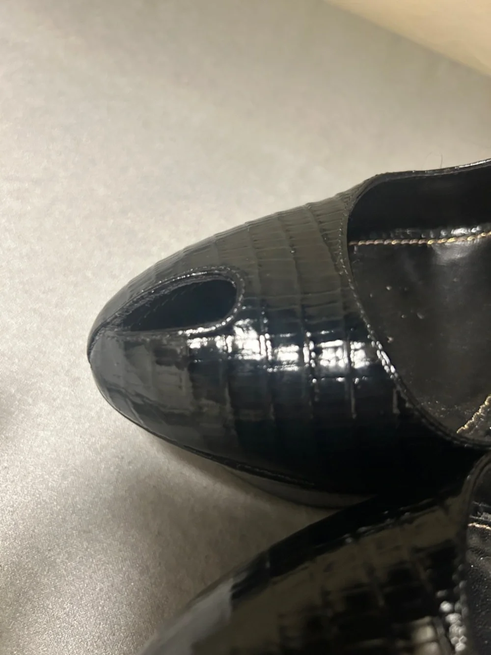 Sergio Rossi Black Patent Croc-Embossed Peep-Toe Heels